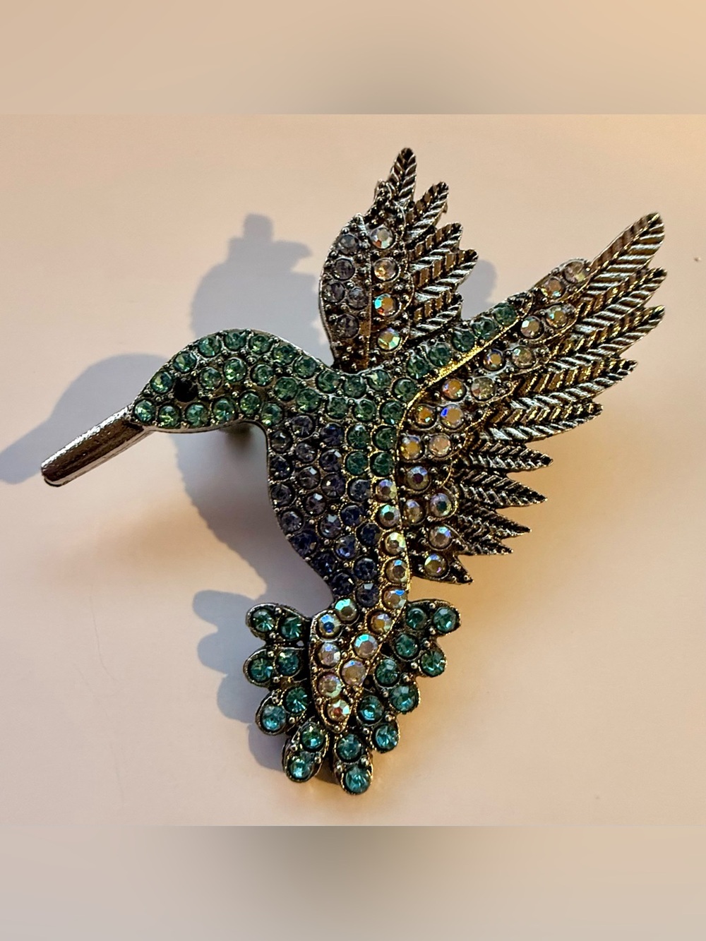 Rhinestone Hummingbird Brooch in Teal and Aurora Borealis
